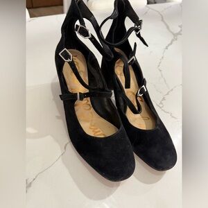 Sam Edelman Black Suede Mary Jane Block Heels with Buckle Straps 8.5